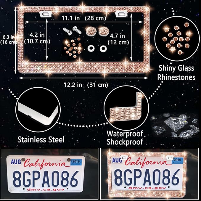 27 PCs Gold Champagne Bling Car Accessories Set for Women, Steering Wheel Covers Universal Fit 15 Inch, Bling License Plate Frame, Bling Phone Holder, Bling Car Coasters