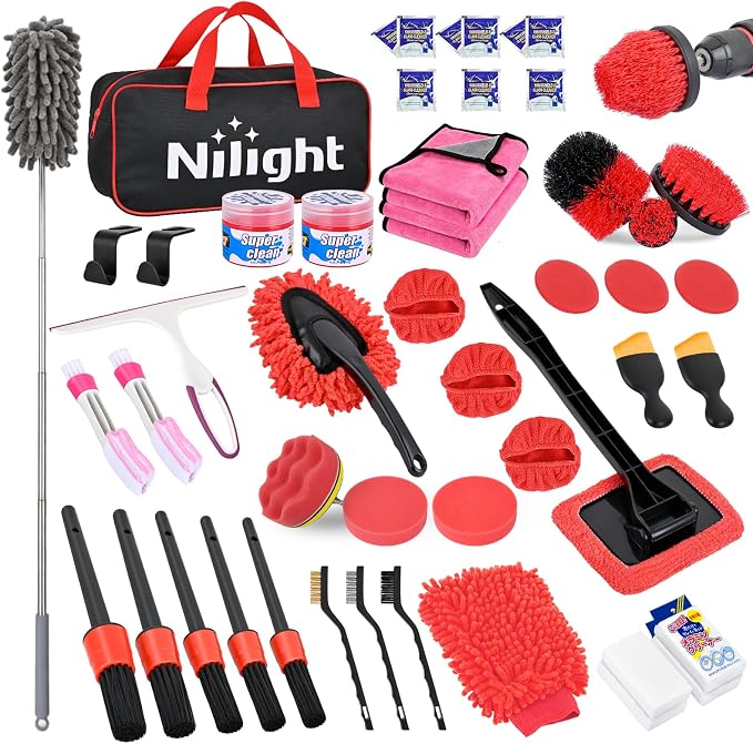 52PCS Car Detailing Kit Auto Cleaning Tools Wash Set with Storage Carry Bag Home Use for Interior Exterior Deep Clean Polish Car Care Windshield Dashboard Seat Air Vents Wheels Tires, Red
