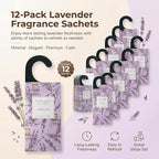 Large 12 Packs Lavender Hanging Scented Sachets Long-Lasting Closet Deodorizer Air Freshener Fabric Refresher Odor Eliminator for Drawer Home Fragrance Gift Set