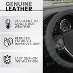 SW-899-MG Genuine Leather Car Steering Wheel Cover 14.5-15 inch Medium/Gray, Easy Installation
