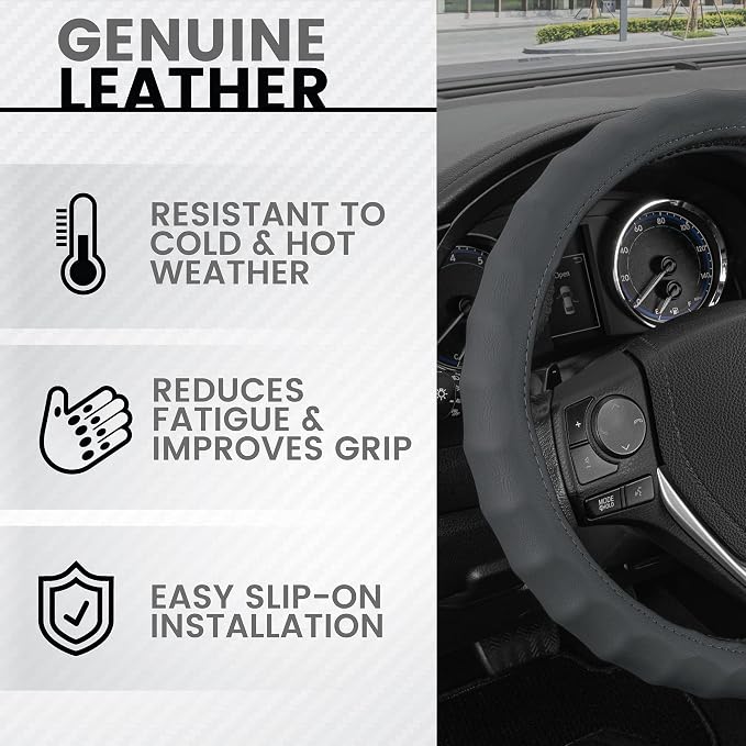 SW-899-MG Genuine Leather Car Steering Wheel Cover 14.5-15 inch Medium/Gray, Easy Installation