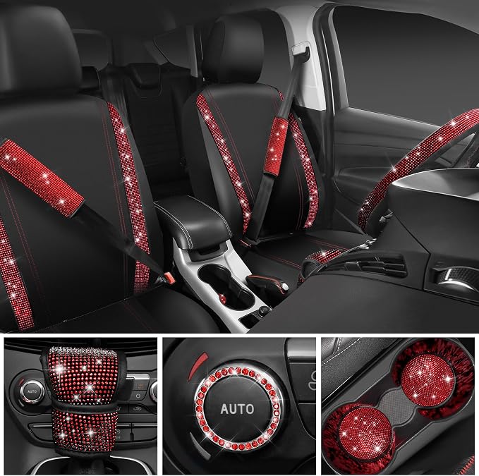 Leather Red Diamond Seat Cover Set, 11pcs Including Steering Wheel & Gear Cover, for Women, Universal Fit