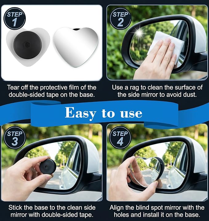 2 Pcs Heart Shaped Blind Spot Mirror, Heart for Car Mirror Accessories Blind Spot for Cars High Definition Glass Frameless Convex Side Mirrors, Stick-On Wide Angle Rear View for SUVs, Truck & RV