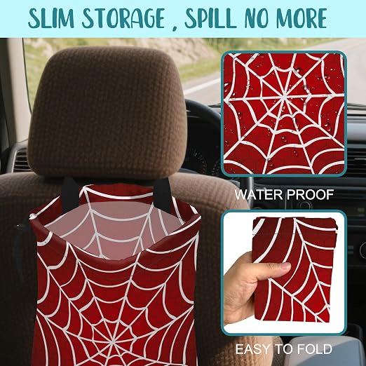 Car Garbage Bag Red and White Spider Web Drawstring Car Trash Bag Hanging for Back Seat with Adjustable Buckle Canvas Vehicle Trash Can Easy-to-Install
