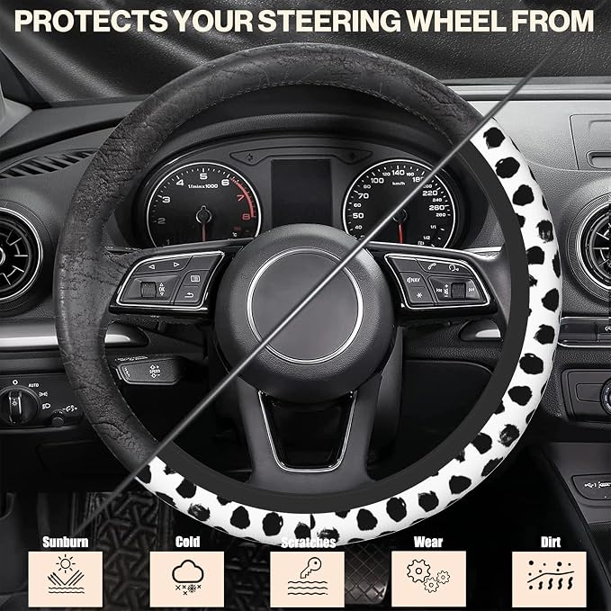 Abstract Black Spots Steering Wheel Cover, Elastic Non-Slip Steering Wheel Protector,Auto Interior Decor for Women Girls,Universal 15" Fit for Sedans,Trucks