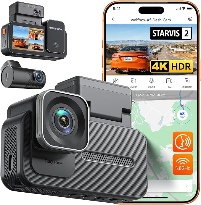 X5 3 Channel 4K HDR Dash Cam, STARVIS 2 IMX678 8MP Night Vision, 4K+2.5K+1080P Front and Rear Inside Car Camera GPS, Support Voice Control,Touch Screen and 5.8GHz WiFi (Card Not Included)