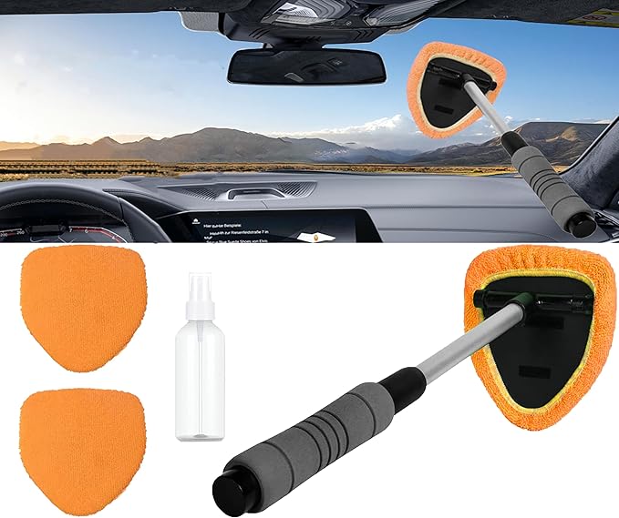 Car Windshield Cleaner Tool with Reusable Microfiber Pads Extendable Handle (1, Orange)
