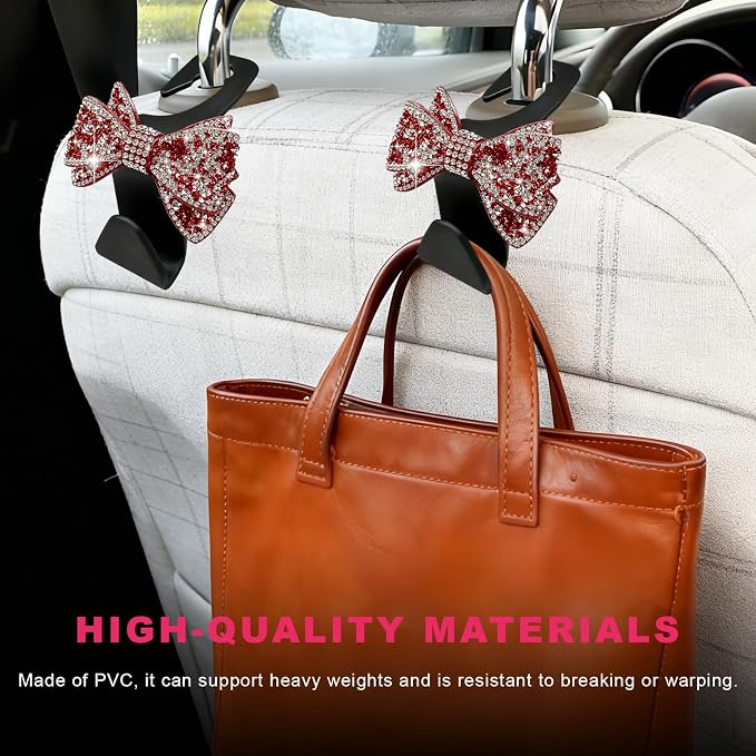 2PCS Bling Bow Car Seat Headrest Hooks, S-Type Crystal Auto Rear Seat Organizer for Handbags Purses Groceries, Cute Rhinestone Bow Seats Back Storage Hook for SUV Truck Sedan (Red)