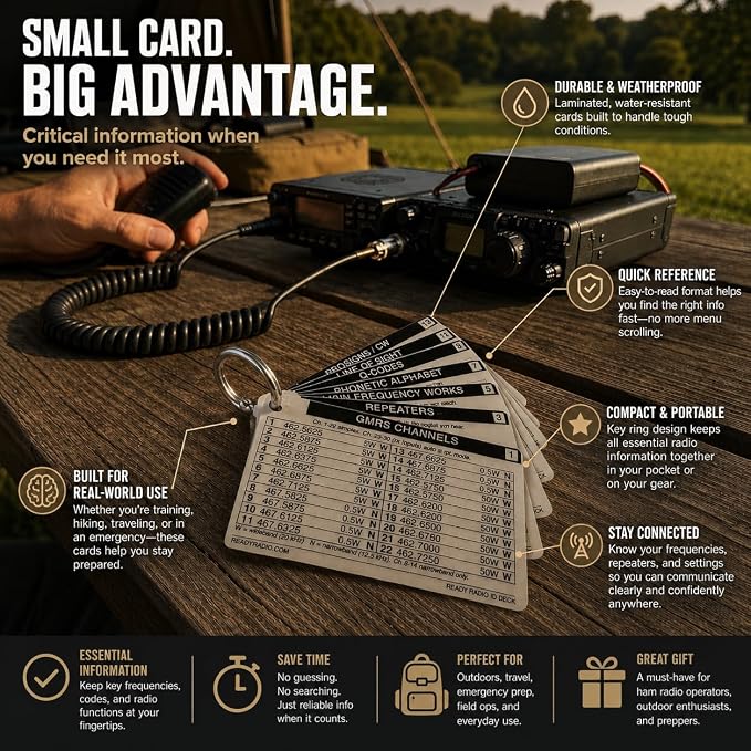 Mini Radio Reference Cards – Waterproof Pocket Guide for GMRS, Ham Radio, Amateur Radio, FRS, MURS & NOAA Weather Frequencies – Credit Card Size Emergency Communications Field Reference