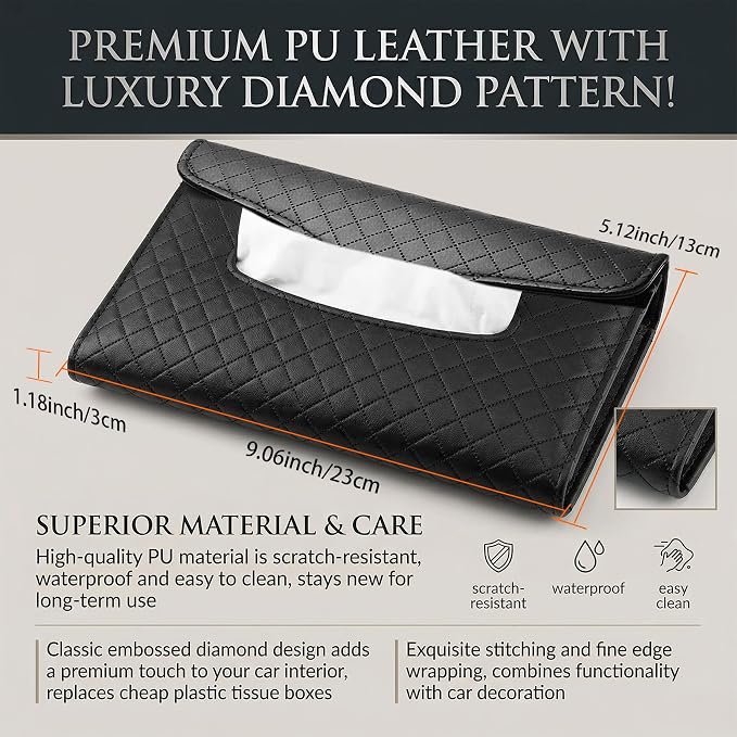 Car Tissue Holder, Car Napkin Holder, PU Leather Auto Visor Tissue Box, Auto Interior Accessories Sun Visor Paper Towel Cover Case Backseat Napkin Organizer for Sedan Truck SUV (Black)