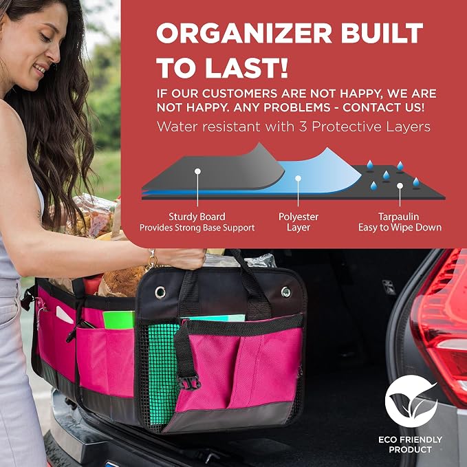 Pink Car Accessories For Women, Trunk Organizer For Car, Suv, Jeep Premium Adjustable Multi Compartments Collapsible (Large Capacity)
