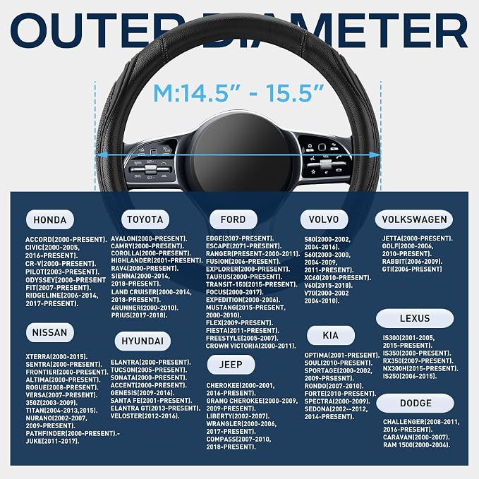 Car Steering Wheel Cover - Microfiber Leather Steering Wheel Wrap Sports 14.5-15 Inch Steering Wheel Cover Non-Slip for Men Women Black Color
