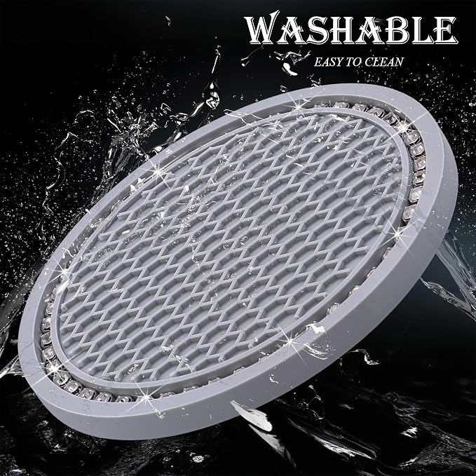 2PCS Bling Cup Holder Coaster, 2.75 Inch Auto Car Cup Holder Insert Coasters, Soft Silicone Anti-Slip Shockproof, Universal Vehicle Interior Accessories for Women Girls (Gray & White)