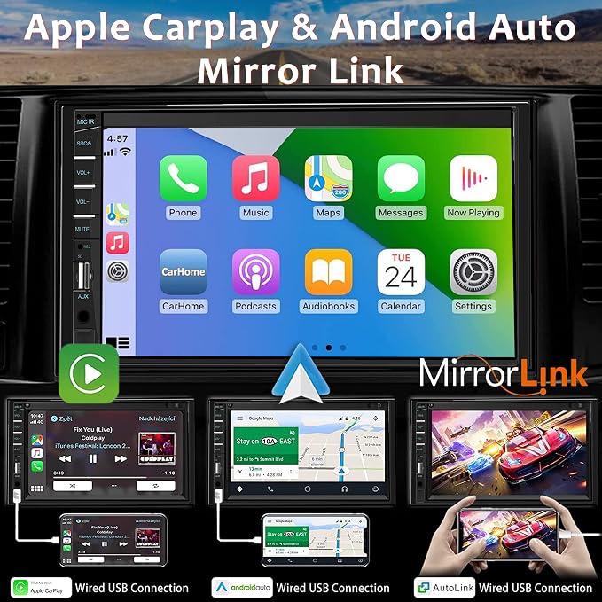 Double Din Car Stereo with Dash Cam | 7INCH Touchscreen Car Radio Receivers Support with Apple Carplay & Android Auto, Bluetooth, Backup Camera, Mirror Link, Voice Control, SWC, FM/USB/TF/AUX