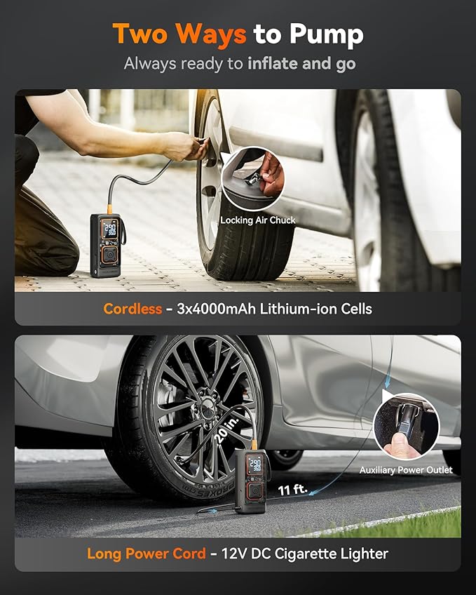 Cordless Tire Inflator Portable Air Compressor, 150PSI Air Pump for Car Tires, Motorcycle, Bicycle & Ball, with Smart Digital Pressure Gauge, Auto Shut-Off & LED Flashlight