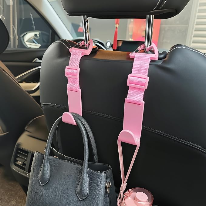 Headrest Hooks for Car Adjustable 4 Pack Vehicle Seat Back Organizer Storage Hanger Holder for Purse Bags Universal Fit with Clip Pink