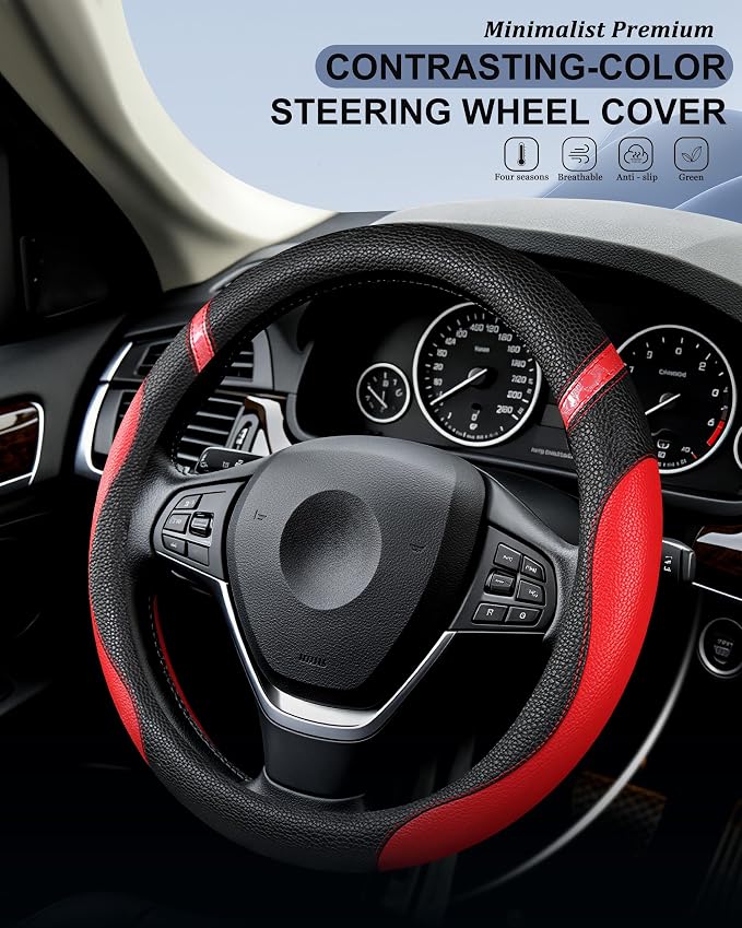 Steering Wheel Cover for Women Leather Universal Steering Wheel Cover for Car 15 inch (Red)