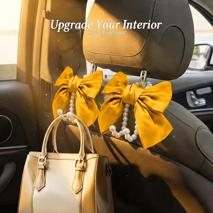 2PCS Satin Bow Pearl Car Seat Headrest Hooks – Car Bag Holder & Vehicle Hanger for Purses – Cute Coquette Aesthetic Interior Decoration – Cute Auto Organizer Accessories Universal (Glod)