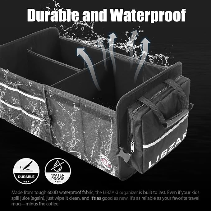 LIBZAKI Car Trunk Storage Organizer, Multi Compartment Collapsible Trunk Storage Box for Car Truck SUV-Black