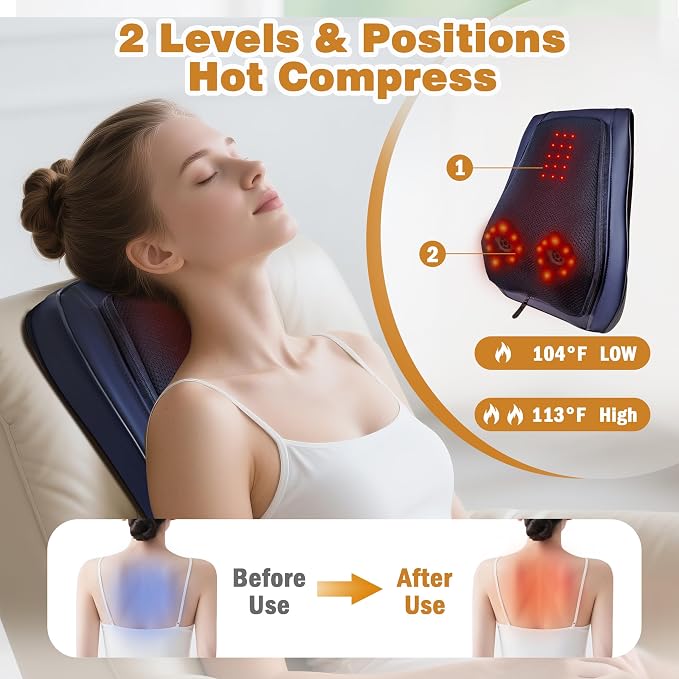 Back Massager with Heat, Shiatsu Chair Cushion for Lower Back | Upper & Lower Back 2-Level Heat, 16 Nodes Bidirectional Deep Kneading, Removable Washable Cover, Universal Fit for Mom, Dad