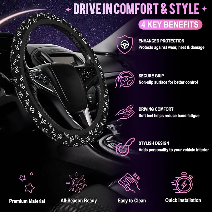Racing Flag Steering Wheel Cover for Women Men Neoprene Breathable Black and White Checkered Flag Wheel Cover Protector Anti-Slip Car Accessories Universal 15 Inch Fit for Cars Trucks Vehicles