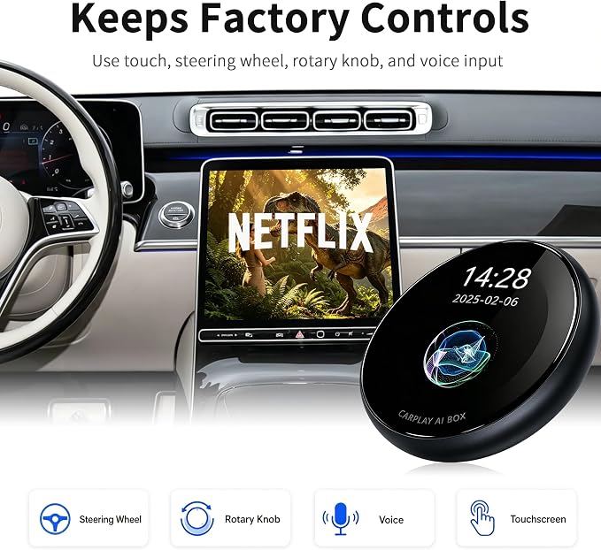 3.2 Inch Screen CarPlay AI Box, Wireless Adapter for Factory Wired or Wireless CarPlay Cars, Magic Streaming Video Box with Netflix YouTube TikTok, Android Auto, TF Card, Plug and Play