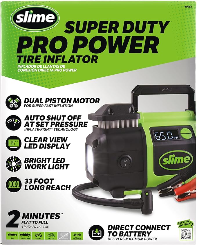 40083 Tire Inflator, Super Duty Pro Power, Battery Connection, Dual Piston, with Digital 0-99 psi Gauge, Long Hose and LED Light, Alligator Clips, 2 min Inflation