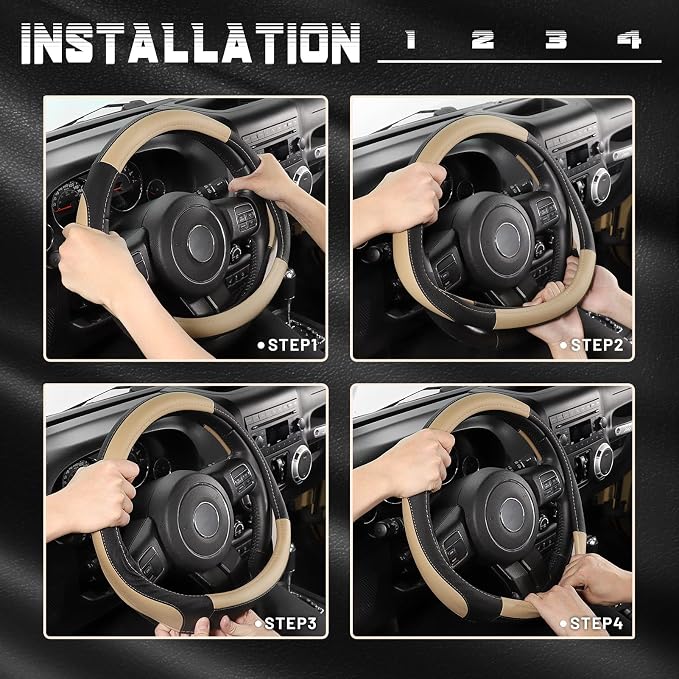 Car Steering Wheel Cover for F-150 Tundra Range Rover 15.5-16 inch, Black and Beige Microfiber Leather