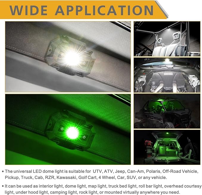 UTV Interior Dome Lights 12V Wired, LED Dome Light Universal Roll Bar Mount LED Lights Interior Lights for UTV ATV SXS Polaris Off-Road - White/Green 2 Packs, IP68 Waterproof Aluminum