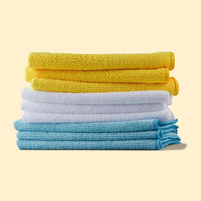 Microfiber Cleaning Cloths, Highly Absorbent, Scratch-Free, Ultra-Soft, Non-Abrasive, Reusable and Washable, 16" x 12", Blue/White/Yellow, 48-Pack