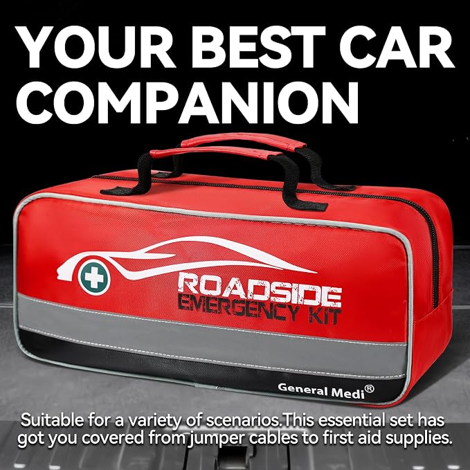 127-Pieces Roadside Car Emergency Kit Include Mini First Aid Kit, Jumper Cables,Tow Rope, Bandage, Safety Vest, Emergency Triangle, All in One Pack