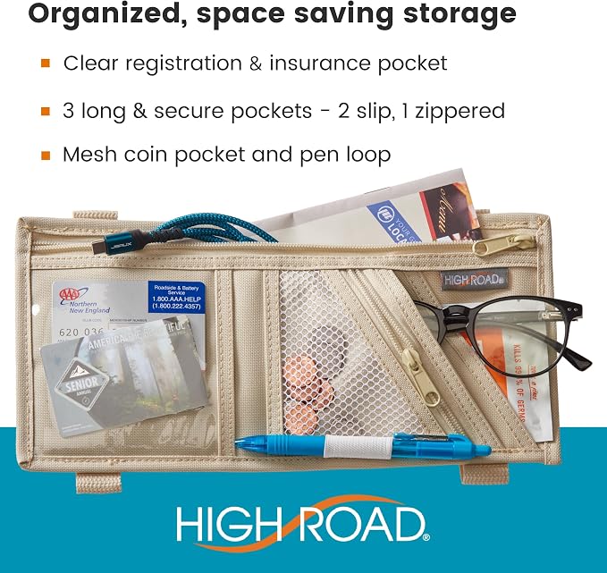Car Visor Organizer with Zippered Pockets, Sunglasses Sleeve and Clear Photo or Registration and Insurance Pocket - Heavy Duty Straps Fit Most Car, SUV and Truck Visors - Tan