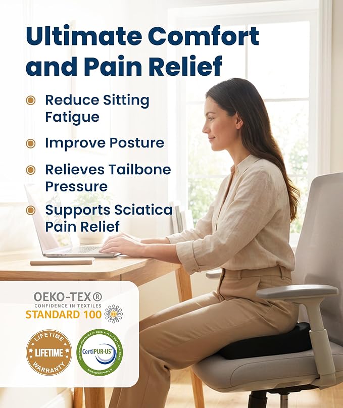 Doctor Recommended Memory Foam Seat Cushion for Office Chairs & Car - Ergonomic Office Desk Accessories - Cushions for Tailbone Pain Relief, Sciatica (Black, Large)