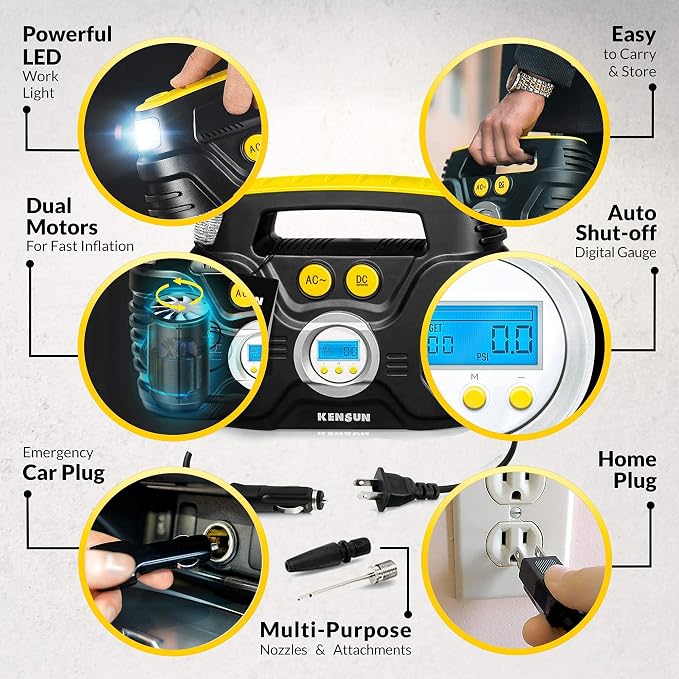 AC/DC Tire Inflator Pump for Car 12V DC and Home 110V AC Swift Performance 2.0 Portable Air Compressor Pump for Car and Home