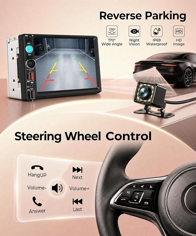 7 Inch Double Din Car Radio Stereo, Wireless CarPlay Android Auto, 2 Din Touchscreen Carplay Stereo, Bluetooth FM/AM/RDS EQ, USB Type-C SWC, Backup Camera