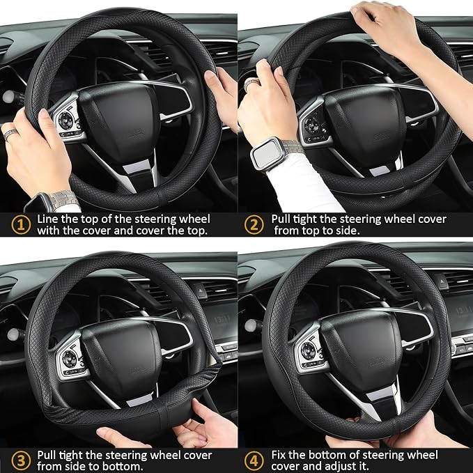 Microfiber Leather Car Steering Wheel Cover for Honda Accord Civic CR-V HR-V Pilot Fit Passport Odyssey,Sport Style,14.5-15 inch (Black-Standrad Size)