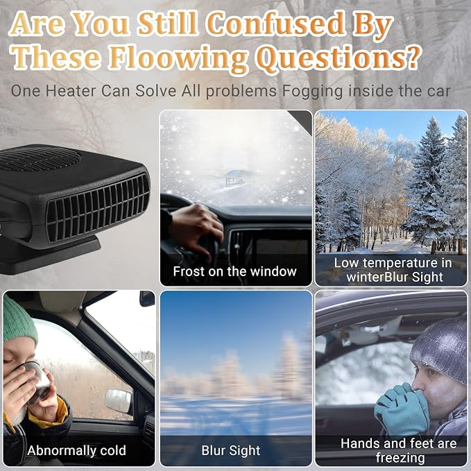 Car Heater, 200W Portable Windshield Defroster Fast Heating and Cooling Auto Defogger Window Defroster Automobile Windscreen Heaters Plug in Cigarette Lighter Heaters with 360 Degree Rotary (12V)