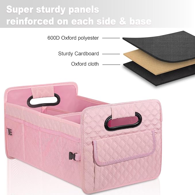 Car Trunk Organizer for SUV, Car Storage Organizer Collapsible Multi Compartment Container Box, Adjustable Car Accessories for Women/Men, Pink