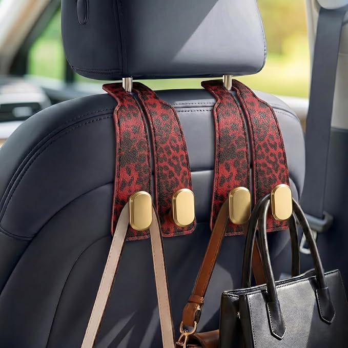 Purse Hook for Car Seat Headrest,Suede Car Purse Hook,Heavy Duty Car Hooks Organizer for Handbags,Grocery Bags & Backpacks,Universal Car Hooks for SUV Truck Interior (Red Leopard Print, Double hook)