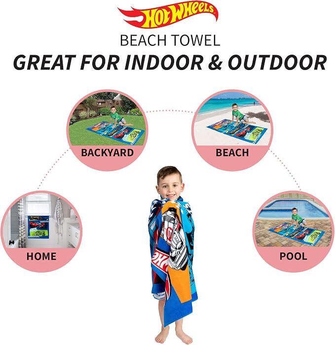 Kids Super Soft Cotton Bath/Pool/Beach Towel, 58 In x 28 In, Hot Wheels