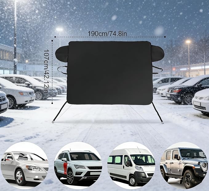 Front Windshield Snow Cover with Side Window Protection for Car and SUV, Winter Frost Ice Guard, Windproof Car Windshield Protector (Oxford Cloth Black)