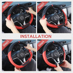 Flat Bottom Steering Wheel Cover, D Shaped Car Wheel Cover 14 1/2-15 in. (37-39 cm), Black Red Microfiber Leather
