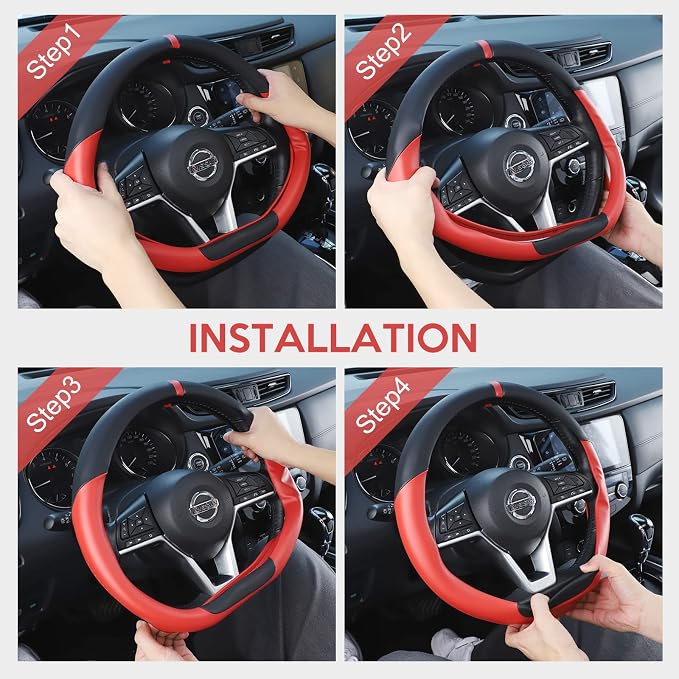 Flat Bottom Steering Wheel Cover, D Shaped Car Wheel Cover 14 1/2-15 in. (37-39 cm), Black Red Microfiber Leather