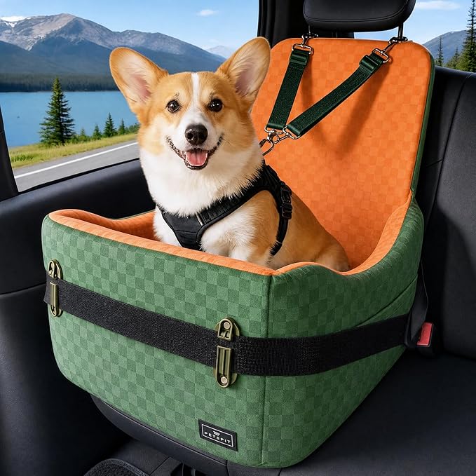 Dog Car Seat for Small/Medium Dogs Up to 35 lbs – Patented Safety System, 5" Memory Foam Pet Car Seat, Fully Detachable and Washable Cover, Front/Back Seat Travel Booster (Green & Orange)