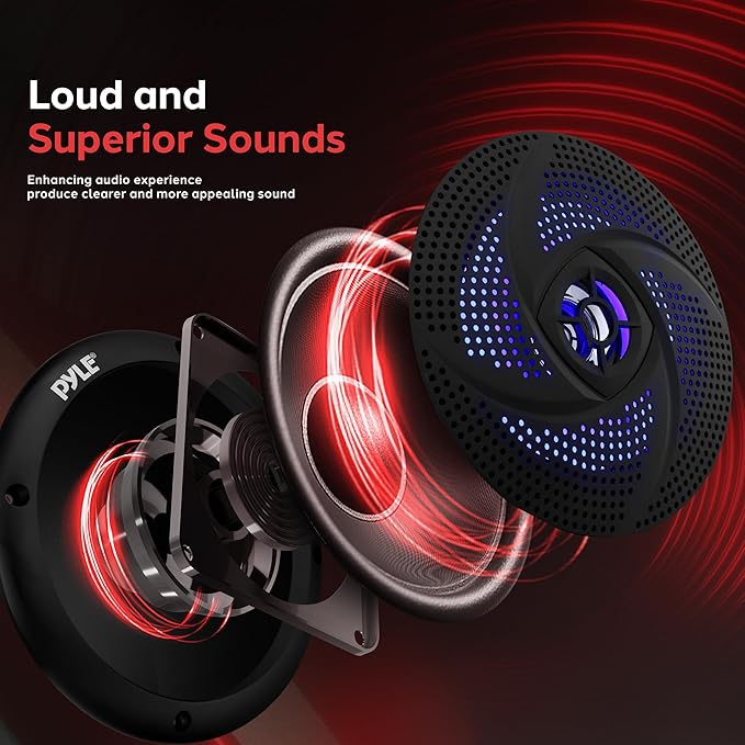 Pyle Waterproof Marine Speakers, 6.5 Inch Low-Profile Slim Mount 240 Watt Speaker Pair with Built-in Blue LED Lights, Weather-Resistant, ABS Grille, Ideal Waterproof Speaker for Boats & Powersports