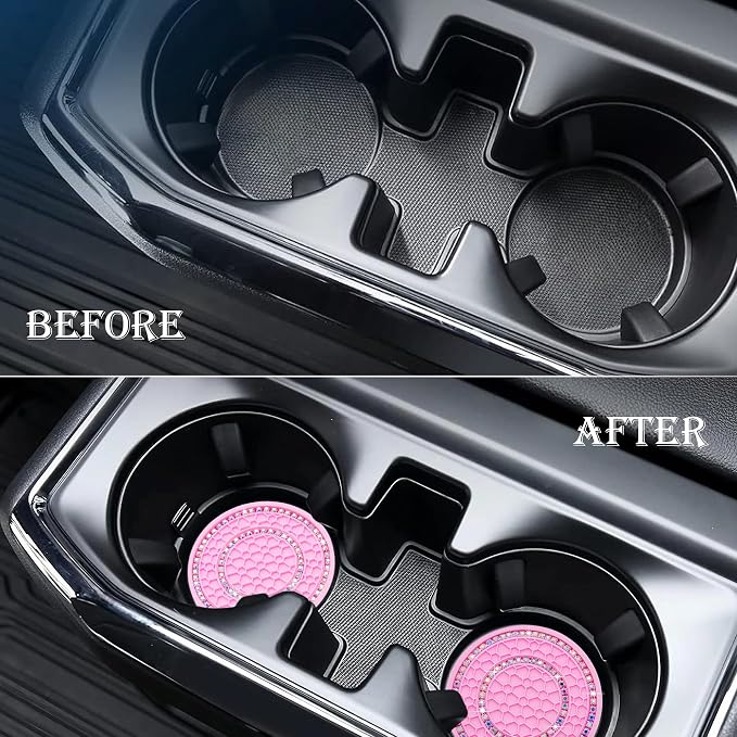 4PCS Bling Crystal Rhinestone Cup Holder Coaster, 2.75 inch Soft Silicone Anti-Slip Shockproof, Car Cup Holder Insert Coasters, Universal Car Interior Accessories for Women (Pink & Colorful)