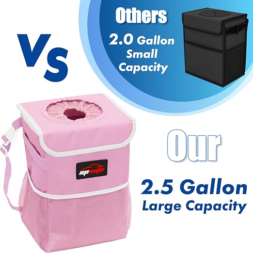 Waterproof Car Trash Can with Lid and Pockets, 2.5 Gal, Pink | Leakproof, Collapsible Multipurpose Car Bin with 3 Side Storage Pockets, Adjustable Straps