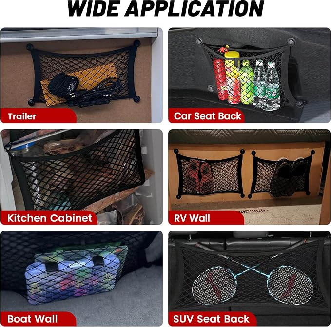 2 Pcs Small Cargo Net Pocket Elastic Mesh Netting Car Mesh Pouch for Trunk RV Boats Home Cargo Storage with Screws and Hooks (17.7'' x 9.8'')