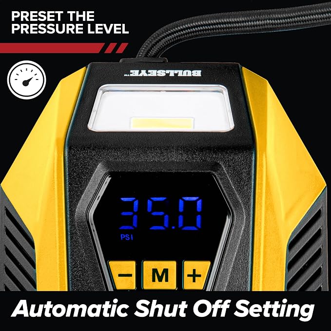 Bullseye 12V DC Car Tire Inflator Portable Air Compressor - Rapid 2 Minute Inflation, Auto Shut-Off, Max 150 PSI, Easy Cord Storage, Digital Pressure Gauge, LED Display (Yellow) - As Seen on TV