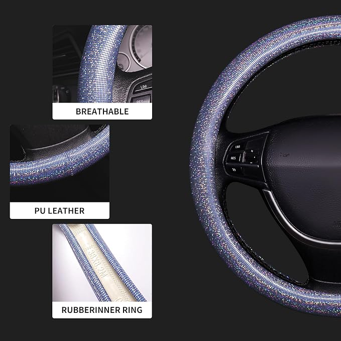 Bling Steering Wheel Cover, Bling Crystal Rhinestone Car Steering Cover Universal 14.2-15.3 inch Glitter Car Wheel Cover Sparkling Accessories （Blue）